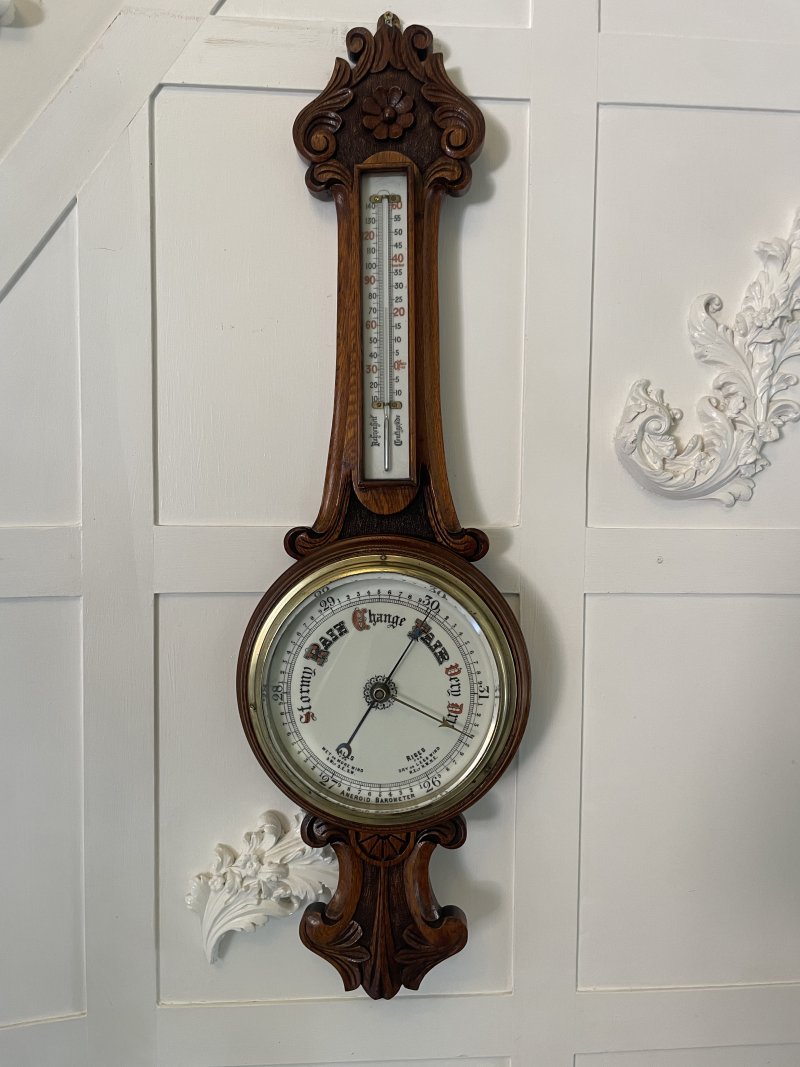 Antique Victorian Quality Carved Oak Banjo Barometer